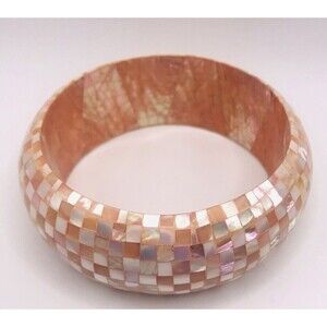 Iridescent Mosaic of Peach/Pink Mother of Pearl Seashell Bangle Bracelet
